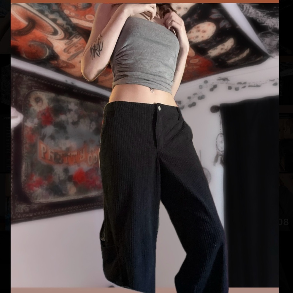 black wide leg polyester corduroys with a relaxed fit